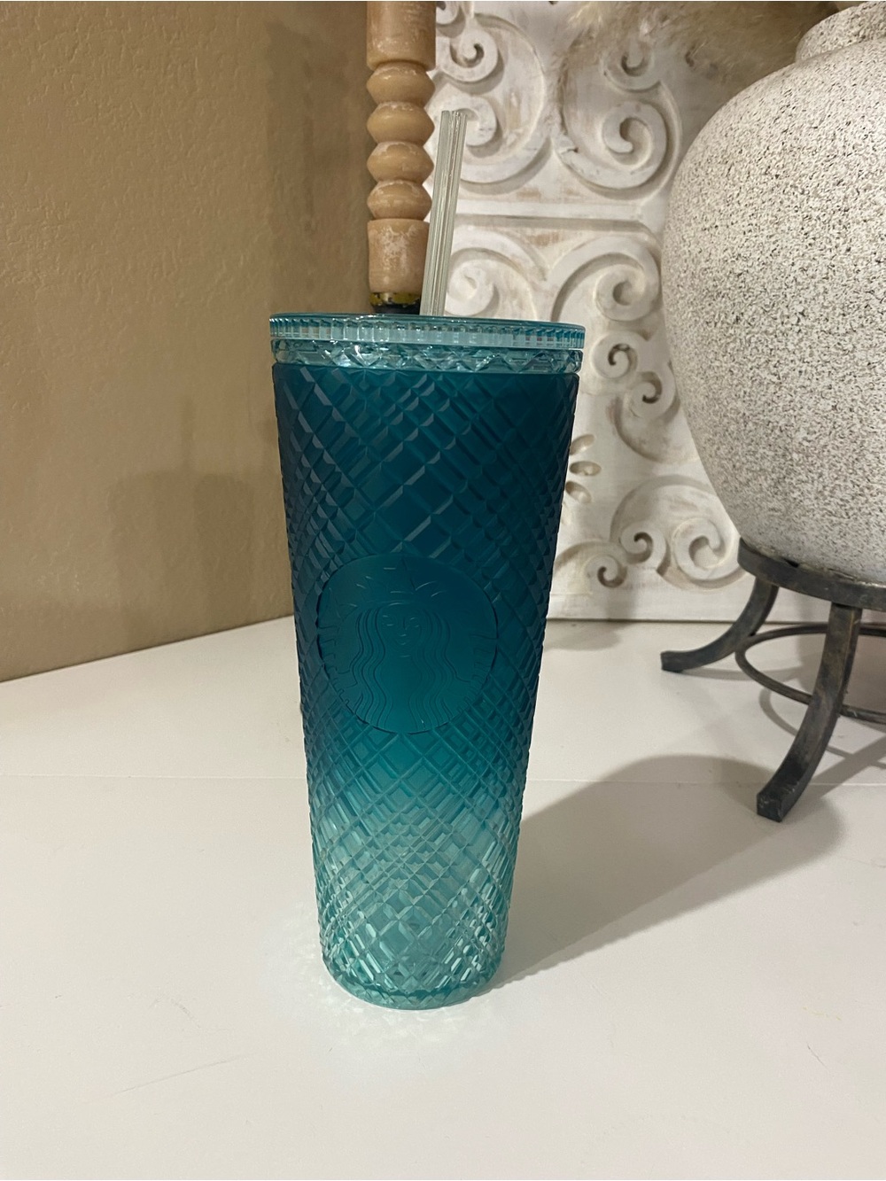 Starbucks Gradient Teal Blue Textured Cold Cup with Straw